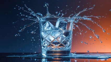 Poster - Bursts of water. A whiskey glass containing ice cubes and water splashes sits on a reflective surface against a gradient background illuminated by neon light. The concept includes art, beauty, and ...