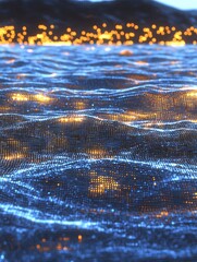 Poster - Abstract ocean wave, golden glitters on navy backdrop, data stream design