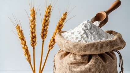 Poster - Bag containing flour and a wooden scoop against a white background.