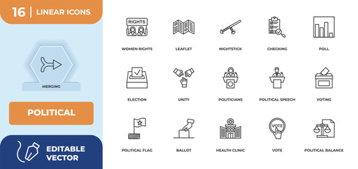 Poster - outline icons set - political concept. merging, women rights and more.