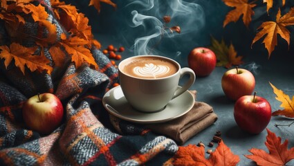 Poster - Autumnal artwork featuring a cup of coffee, apples, a cozy plaid, and vibrant foliage.
