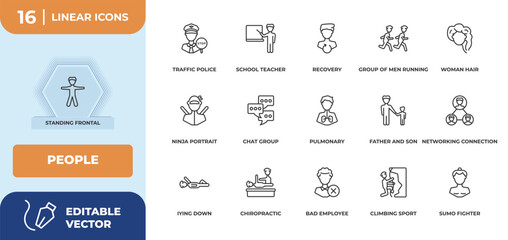 Poster - outline icons set - people concept. standing frontal man, traffic police and more.