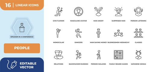 Poster - outline icons set - people concept. speaker in a conference, give flower and more.