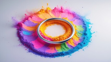 Wall Mural - ring circle with blank space and an explosion of vibrant rainbow paint powder. beautiful party conce