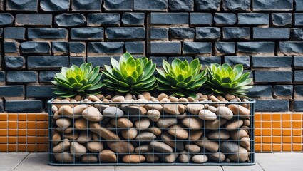 Aufkleber - A decorative setup of plants in a wire frame planter placed against a textured brick wall, emphasizing modern design and the integration of nature in urban environments.