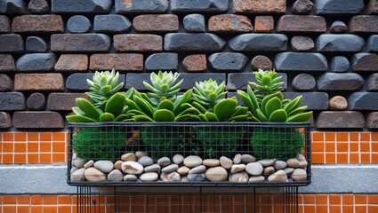 Aufkleber - A decorative display of plants in a wire frame planter set against a textured brick wall, emphasizing modern design and the integration of nature in urban environments.