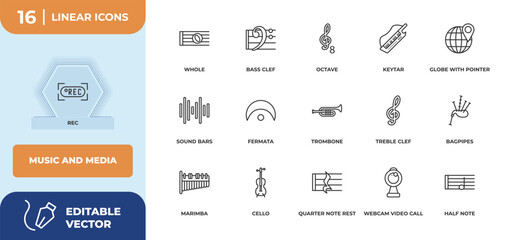 Poster - outline icons set - music and media concept. rec, whole and more.