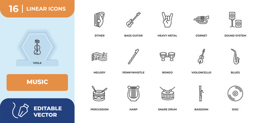 Poster - outline icons set - music concept. viola, zither and more.