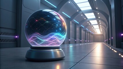 Poster - Futuristic crystal ball glowing in a sci-fi corridor.