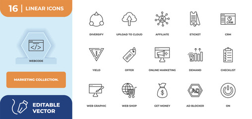 Poster - outline icons set - marketing collection. concept. webcode, diversify and more.