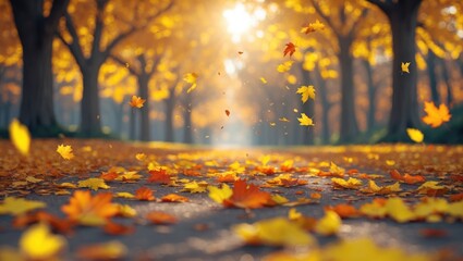 Poster - Beautiful autumn scenery featuring yellow trees and sunlight. Vibrant foliage in the park. Natural background with falling leaves. Autumn season theme.