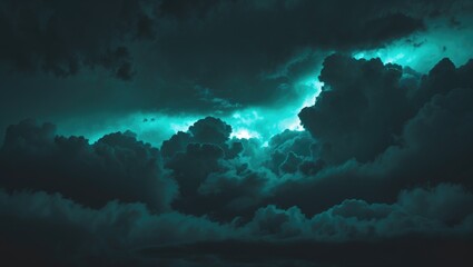 Wall Mural - Dramatic night sky featuring a dark greenish-blue hue. Background of gloomy, ominous storm rain clouds. Thunderstorm with hurricane winds and lightning. Epic fantasy with a mystic or creepy, spooky...