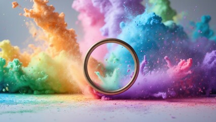 Wall Mural - ring circle featuring empty space and a vibrant explosion of paint color powder in rainbow. stunning