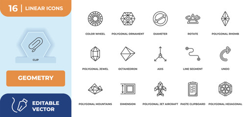 Poster - outline icons set - geometry concept. clip, color wheel and more.