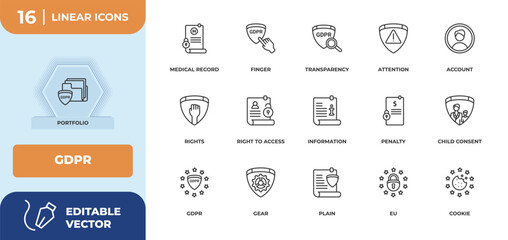 Poster - outline icons set - gdpr concept. portfolio, medical record and more.