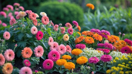 Aufkleber - A lively garden bed brimming with colorful gerberas, where each petal layer catches the gentle light, forms a natural tapestry.