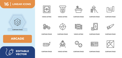 Poster - outline icons set - arcade concept. curtain stage, voice acting and more.