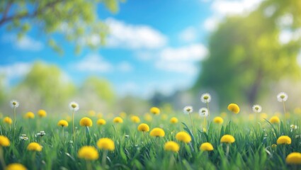 Poster - Blurred beautiful spring nature background featuring blooming chamomile, trees, and a sunny blue sky.