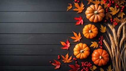 Aufkleber - Autumn background decoration featuring dry leaves and pumpkin on a dark wooden surface. Flat lay, top view for concept.