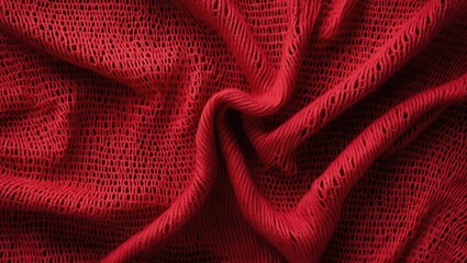 Poster - Close-up view of a background featuring knitted wool fabric with a dot pattern. Bright red crumpled knitting wool texture. Openwork abstract knitted jersey fabric as an abstract backdrop.