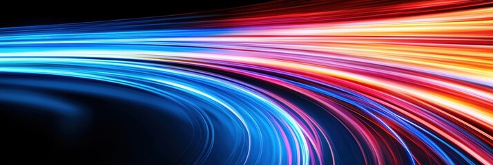 Fototapete - A vibrant, abstract design featuring dynamic light streaks in blue, red, and orange against a dark background, conveying energy and movement.