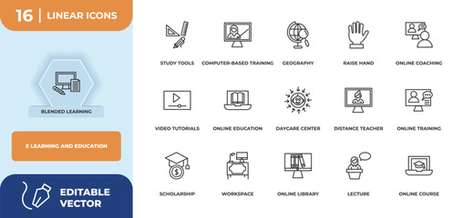 Poster - outline icons set - e learning and education concept. blended learning, study tools and more.