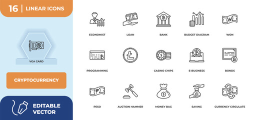 Poster - outline icons set - cryptocurrency concept. vga card, economist and more.