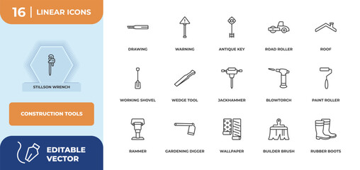 Poster - outline icons set - construction tools concept. stillson wrench, drawing and more.