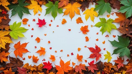 Aufkleber - Autumn card featuring colorful falling leaves set against a white background.