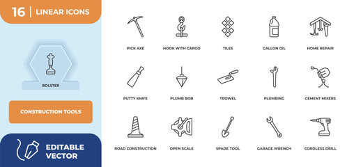 Poster - outline icons set - construction tools concept. bolster, pick axe and more.