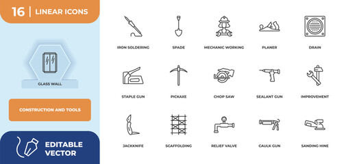 Poster - outline icons set - construction and tools concept. glass wall, iron soldering and more.