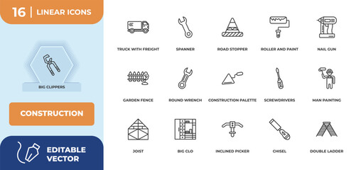 Poster - outline icons set - construction concept. big clippers, truck with freight and more.