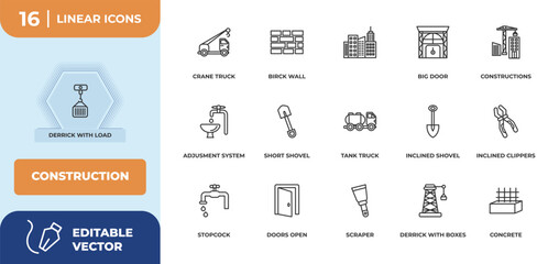 Poster - outline icons set - construction concept. derrick with load, crane truck and more.