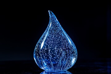 Poster - Blue glass droplet sculpture on black background.