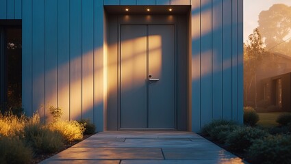 Poster - Modern aluminum grey garden door of a house, closed.
