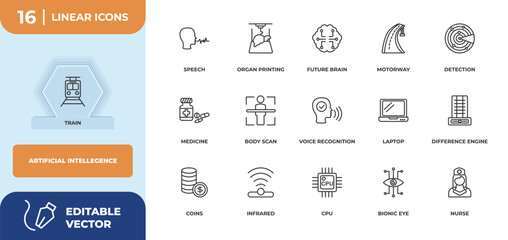 Poster - outline icons set - artificial intellegence concept. train, speech and more.