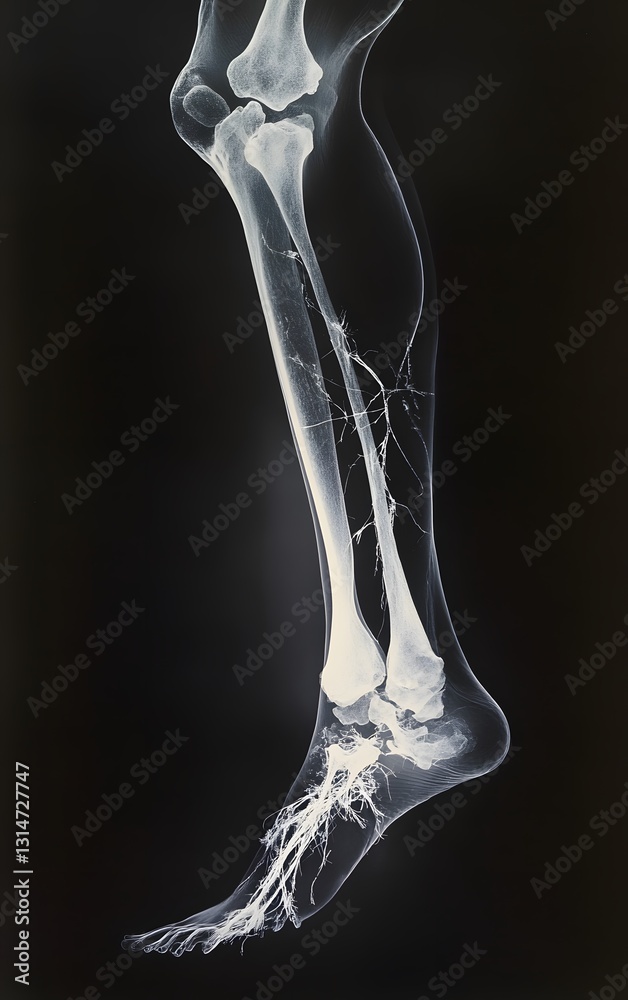 88. X-ray of a human leg showing bone fractures in the tibia and fibula ...