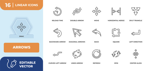 Poster - outline icons set - arrows concept. drag, reload time and more.
