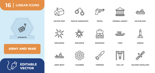 Poster - outline icons set - army and war concept. dynamite, militar tent and more.