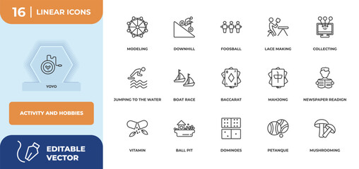 Poster - outline icons set - activity and hobbies concept. yoyo, modeling and more.
