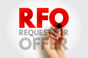 Aufkleber - RFO Request For Offer - open and competitive purchasing process whereby an organization requests the submission of offers in response to specifications, acronym text concept background