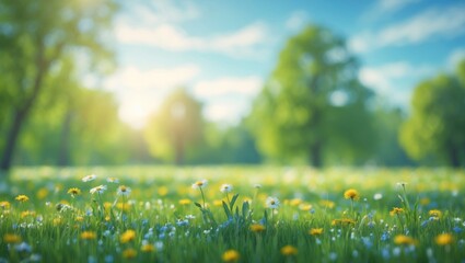 Aufkleber - Beautiful blurred spring nature background featuring a blooming glade, trees, and a blue sky on a sunny day.