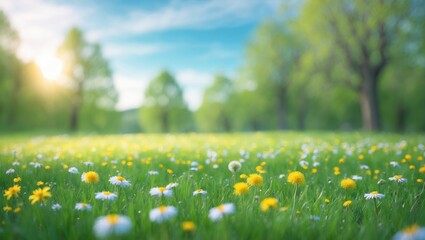 Aufkleber - Blurry springtime nature background featuring a blooming glade, trees, and blue sky on a sunny day.