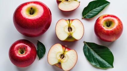 Poster - Collection of red apples, apple slices, and halves isolated on a white background.