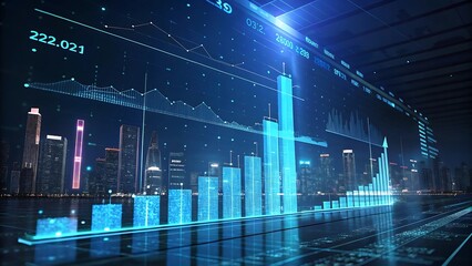 Poster - Futuristic city skyline with financial data overlay.