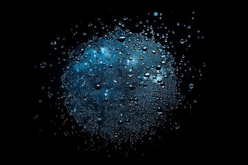 Poster - Blue sphere with water droplets on black background.