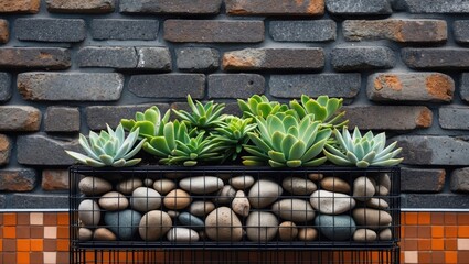 Aufkleber - A decorative display of plants in a wire frame planter set against a textured brick wall, emphasizing modern design and the integration of nature in urban environments.