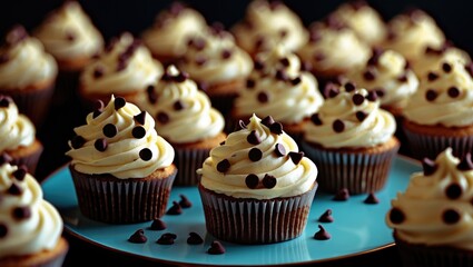 Poster - Chiaroscuro or dark food macro photography, flat lay or overhead view of cupcakes topped with chocolate chips on a plate, concept of homemade desserts.