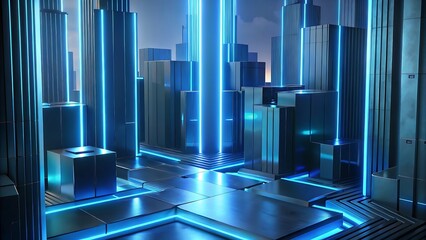 Poster - Futuristic city with neon lights and geometric structures.