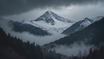 Wall Mural - Dark atmospheric landscape featuring a forested snowy mountain enveloped in low clouds. Gloomy overcast scenery showcases towering mountains with forest and snow beneath a low lead gray sky. Bleak ...